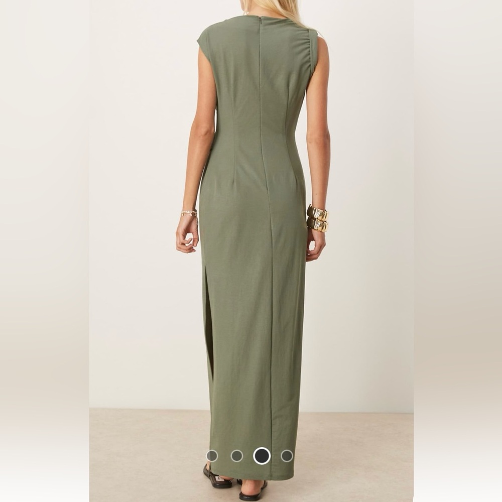NWT ASOS DESIGN linen look twist shoulder drape midi dress in khaki - Picture 2 of 4